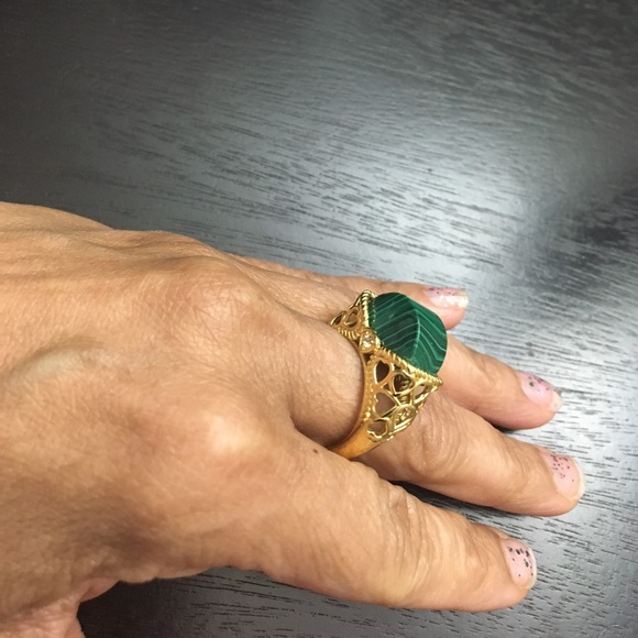 Karis Jewelry - African Malachite & Natural White Zircon Ring in ION Plated 18K Yellow Gold Sz 7